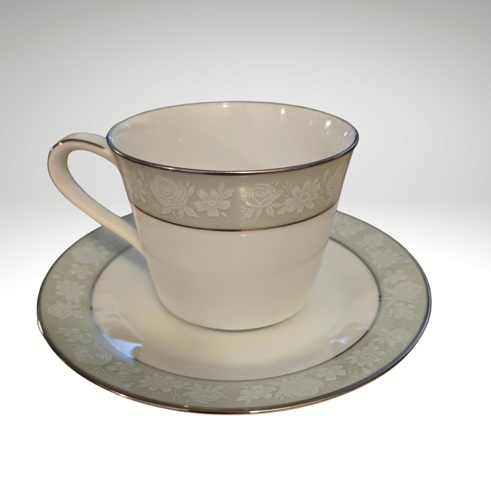 Noritake Vienne 6885 Tea Cup‎ Saucer Set Floral Platinum Trim Dainty Mid Century